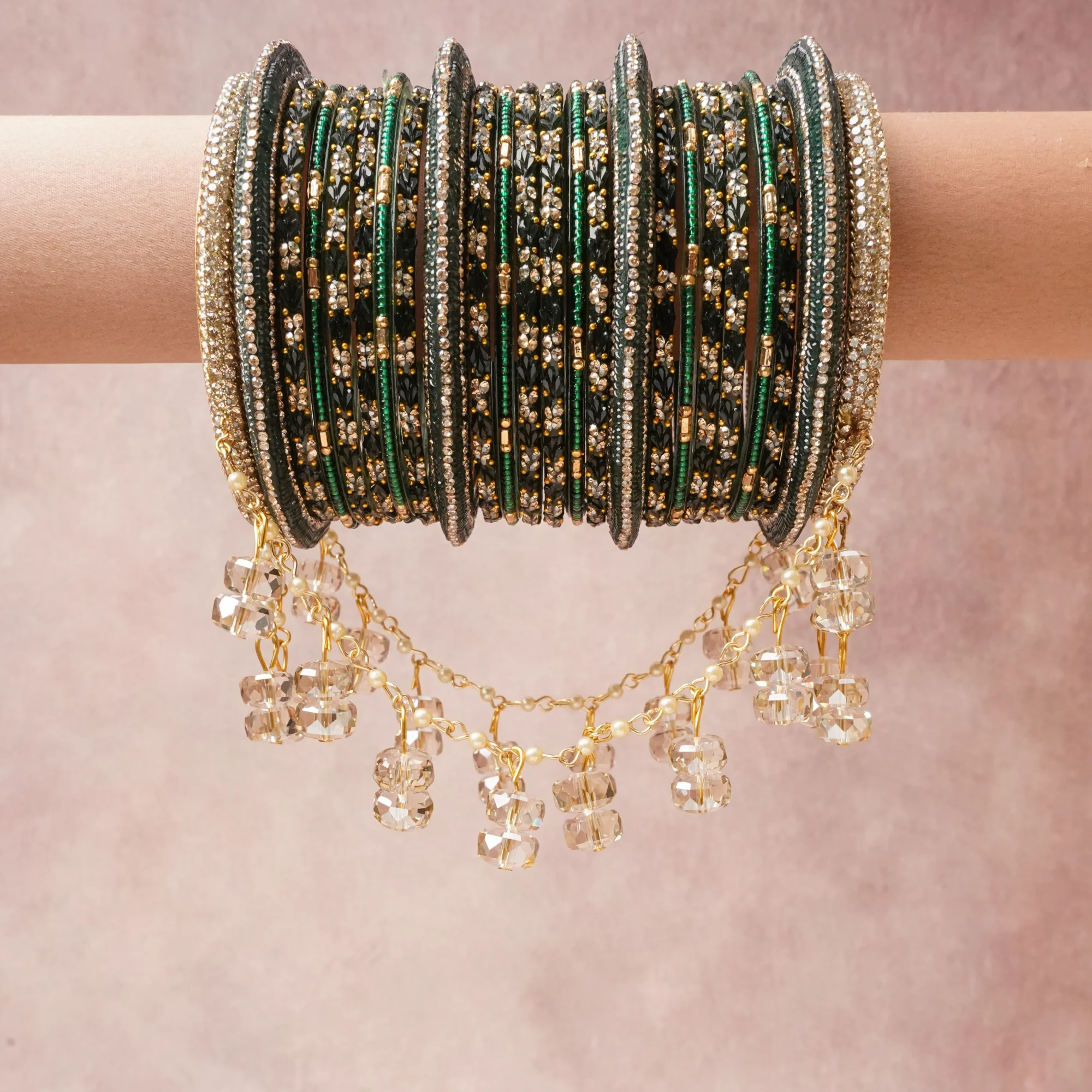 A commanding Green anchors this beautiful set, enriched with accents of Gold, Silver, Champagne, Pearl White that add depth and dimension.

Featuring a striking composition of Glass, Metal Alloy, Rhinestones, Enamel/Lacquer, Faceted Beads, Faux Pearls, this set carries intricate craftsmanship and strong presence. Grand in form, it is created for moments that deserve to be marked.